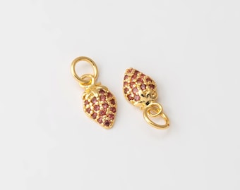 2PCS - Tiny Pink Zircon Strawberry Dangle Charms, Mini Fruit Jewelry Pendant, Minimalist Jewelry Making, Real 14K Gold Plated [P1738-PG]