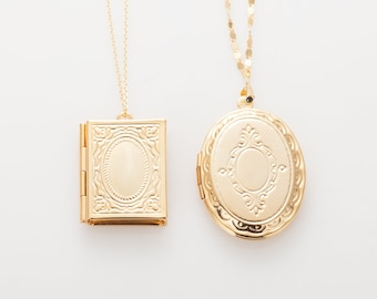 2PCS - Book&Oval Locket Series, Locket Charm Necklace Polished, 14K Gold Tone [P0736-PG]