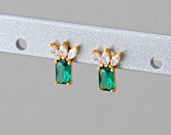 2PCS - Rectangle Emerald Mini Crown Stud Earrings, Crystal Zircon Plant Shape Post Earning, Real 14K Gold Plated [E0884-PG]