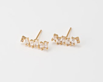 4PCS - Pendiente de perno en cascada de escalones de circonio de cristal, aretes de poste de barra larga rectangular, joyería minimalista, chapado en oro real de 14K [E0867-PG]