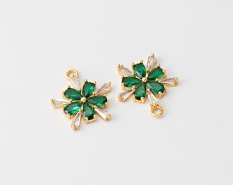 1PC - Emerald Zircon Flower Dangle Charms, Green Floral Minimalist Pendant, Jewelry Making, Real 14K Gold Plated [P1751-PG]