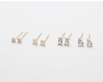 4PCS - Pendientes delicados CZ Stud, Pendiente simple, Studs, Suministros de pendientes, Palo de plata de ley 925, Chapado en oro real de 14K [E0620-PG]