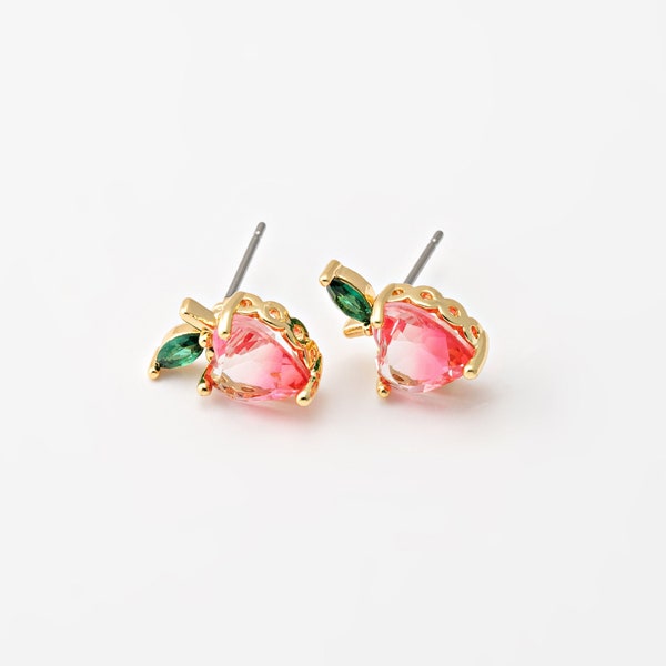 2PCS - Hart Apple Stud Earring, Fruit Post Earring, Roze Perzik Schattige Post Oorbellen, Echt 14K Verguld [HL0013-PG]