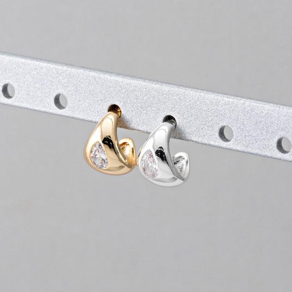 2PCS - Tiny Chunky Stud Hoop Earrings, Mini Dome Drop Post Earrings, Thick Gold Hoop Crystal Earrings, Real 14K Gold & Silver Plated [E0878]