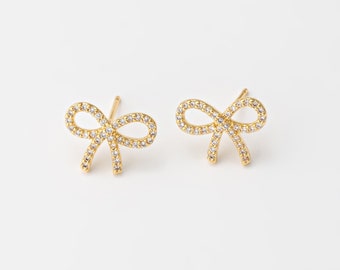 4PCS - Mini Zircon Bow Stud Earrings, Tiny Knot Kawaii Post Earring, Delicate Pave Ribbon Earrings, Real 14K Gold Plated [E0823-PG]