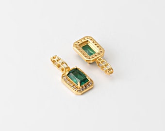 1PC - Emerald Zirconia Square Dangle Charms, Delicate Rectangle Twisted Bail Pendant, Dainty Jewelry Making, Real 14K Gold Plated [P1737-PG]