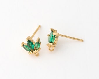 4PCS - Small Emerald Mini Crown Stud Earrings, Tiny CZ Teardrop post Earning, 925 Sterling Silver Stick, Real 14K Gold Plated [E0739-PG]