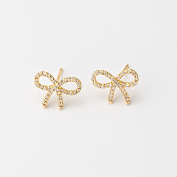 4PCS - Mini Zircon Bow Stud Earrings, Tiny Knot Kawaii Post Earring, Delicate Pave Ribbon Earrings, Real 14K Gold Plated [E0823-PG]