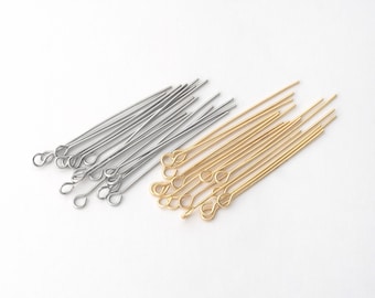 100PCS - Eye Pin Basic Supplies, Brass Eyepins, Wire wite loop, Jewelry Making, Charm Making, Real 14K Gold & Rhodium Plated [EyePin-630]