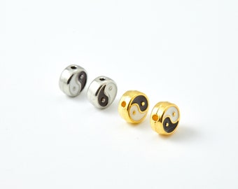 1 PC - Enamel Yin Yang Beads, Double Sided Charms, Yin Yang Spacer Bead, Flat Round Bead, Bracelet Charm, 14K Plated [P1394]