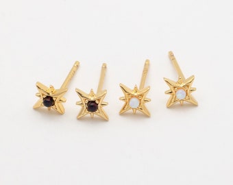 2PCS - Small Star Opal Stud Earrings, White & Black Opal Post Earrings, 925 Sterling silver stick, Real 14K Gold Plated [E0302-PG]