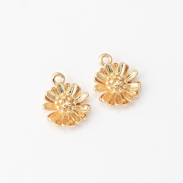 4PCS - Gold Small Daisy sunflowers Charms, Tiny Floral Dangle Pendant, Jewelry Making, Real 14K Gold Plated [P0418-PG]