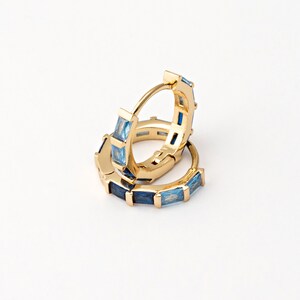 2PCS Gold Blue Cubic One Touch Hoop, Blue CZ Huggie Hoops, 13mm Gold Hoops, Real 14K Gold Plated AA0292-PGBL image 2