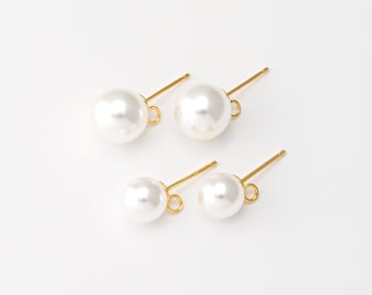 6 STKS - 8 mm, 10 mm parel Stud Earring, parel sieraden post oorbellen, bungelende oorbellen, 925 sterling zilveren stok, echt 14K verguld [E0493-PG]