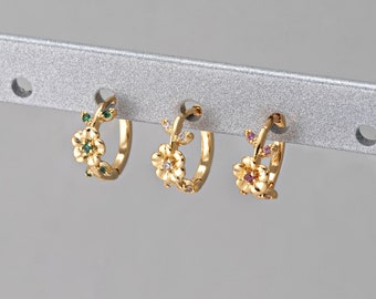 2PCS - Tiny Daisy Flower Huggie Hoops Earrings, Mini Floral Zircon Huggies, Minimalist Earrings, Real 14K Gold Plated [E0876-PG]