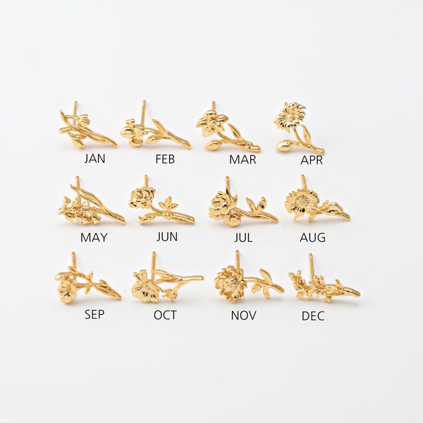 4 STÜCKE - Muttertag Geburt Blume Ohrstecker, kleine Gold Blume Beiträge, personalisierte minimalist Ohrringe, echte 14K Gold überzogen [E0859-PG]