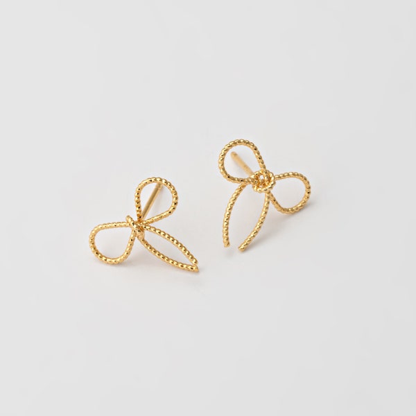 4PCS - Thin Bow Line Stud Earrings, Gold Tiny Knot Post Earring, Delicate Pave Ribbon Earrings, Real 14K Gold Plated [E0822-PG]