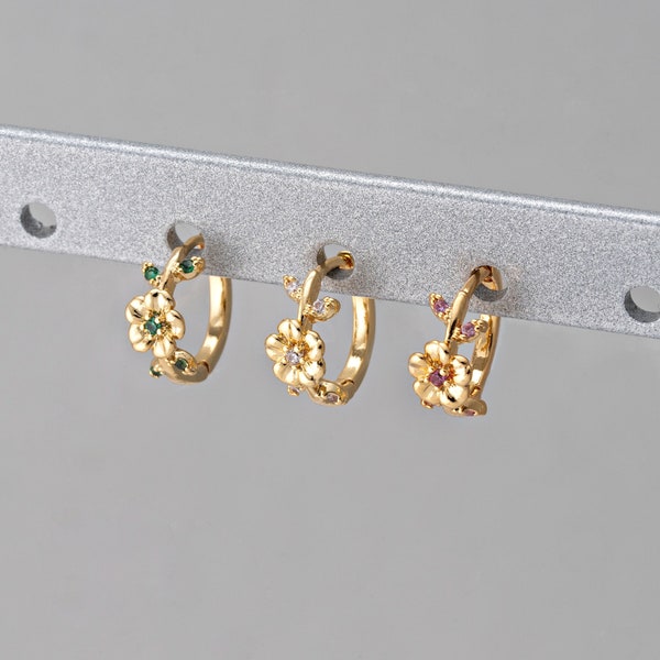 2PCS - Tiny Daisy Flower Huggie Hoops Earrings, Mini Floral Zircon Huggies, Minimalist Earrings, Real 14K Gold Plated [E0876-PG]