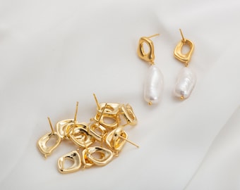 6PCS - 10X15mm Square Curves post Earrings, Unique Square Stud Earrings, 925 Sterling Silver Stick, Real 14K Gold Plated  [E0465-PG]
