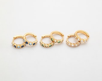 4PCS - Gold Cubic One Touch Hoop, Clear One Touch Earrings, CZ Huggie Hoops, Real 14K Gold Plated [E0612-PG]