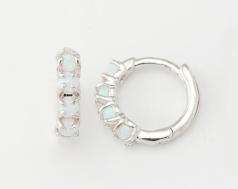 2PCS - Opal Hoops, Opal One Touch Earrings, Opal Silver One Touch Earrings, Huggie Hoop, Rhodium Plated [E0524-PR]