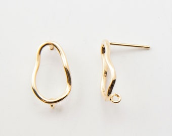 2PCS - 10x16mm Round Curves Post Earrings, Gold Curved Stud Earrings, 925 Sterling Silver Stick, Real 14K Gold Plated [E0676-PG]