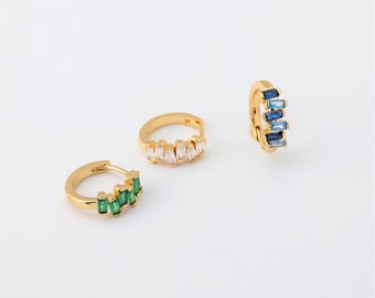 2PCS - Emerald Cubic One Touch Hoop, Gold Cubic One Touch Hoop, CZ Huggie Hoop Earrings, Gold Hoops Real 14K Gold Plated [E0617-PG]