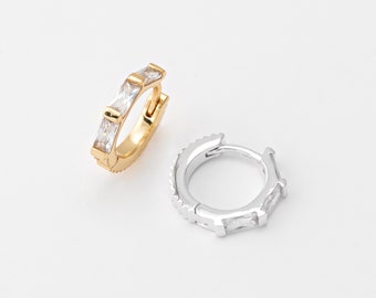 4PCS - Gold Crystal zirconia One Touch Hoop, Clear CZ Huggie Hoop Earrings, Real 14K Gold Plated, Real 14K Gold & Silver Plated [E0776]