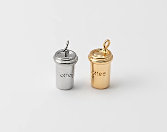 4PCS - Mini Coffee Tumbler Dangle Charm, Coffee Cup Shape Jewelry Pendant, Coffee Mug Charms, Real 14K Gold & Rhodium Plated [AA0086]