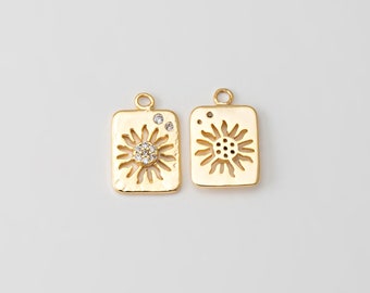1PC - Rectangle Coin Sun Daisy Dangle Charms, Celestial Sun Floral Pendant, Vintage Medallion Necklace, Real 14K Gold Plated [P1726-PG]