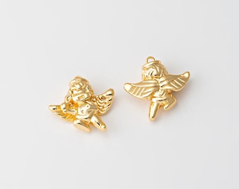 2PCS - Cherub Baby Angel Puffed Charm, Vintage Little Angle Lucky Pendant, Jewelry Making, Real 14K Gold Plated [P1736-PG]