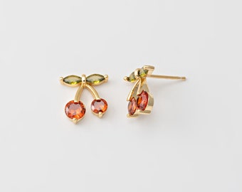 2PCS - Tiny Red Zircon Cherry Earring, Dainty Fruit Stud Earrings, Minimalist Cherry Dangle Posts, Real 14K Gold Plated [HL0012-PG]