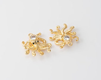 1PC - Octopus Dangle Jewel Charms, Webfoot Octopus Crystal Zircon Pendant, Animal Jewelry Making, Real 14K Gold Plated [P1728-PG]