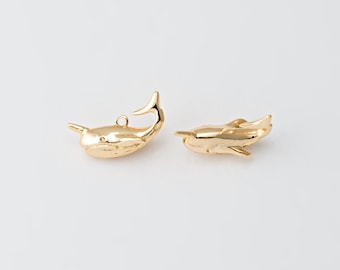 2PCS - Gold Whale Dangle Charm, Under the Sea Animal Pendant, Minimalist Mammal Jewelry Making, Real 14K Gold Plated [P1734-PG]