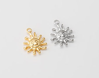 4PCS - Tiny Sun Face Dangle Charms, Sun Ray Smile Face Pendant, Vintage Charms, Necklace Component, Real 14K Gold & Rhodium Plated [P0798]