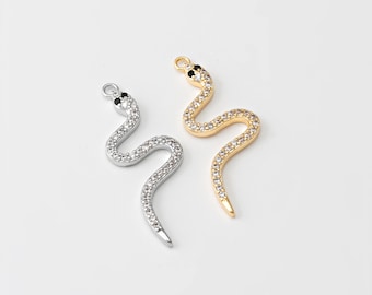 1PC - Crystal Zircon Snake Dangle Charms, Thick Ophidian Animal Pendant, Minimalist Jewelry Making, Real 14K Gold & Rhodium Plated [P1743]