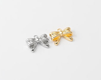 2PCS - Mini Bow Dangle Charm, Tiny Present Ribbon Charms, Minimalist Knot Charms, Making Necklace, Real 14K Gold & Rhodium Plated [P1745]