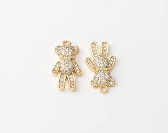 1PC - Mini Teddy Bear Crystal Zircon Dangle Charm, Tiny Brass Bear Doll Pendant, Minimalist Jewelry, Real 14K Gold Plated [P1730-PG]