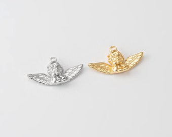 2PCS - Cute Cupid Charm Gold Cherub Pendant Baby Angel Charm, Cupid Pendant for Valentine Pendant, Real 14K Gold & Rhodium Plated [P1742]
