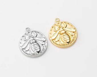 2PCS - Bumble Bee Round Coin Pendant, Vintage Circle Luckey Bee charms, Minimalist Jewelry Making, Real 14K Gold & Rhodium Plated [P0911]