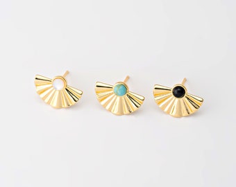 2PCS - Star Burst Turquoise Stud Earring, Mother of Pearl Dangle Post Earrings, Onyx Fan Shape Earring, Real 14K Gold Plated [E0800-PG]