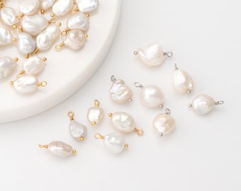 2,50PCS - Fresh water pearl charms, Baroque pearl charms, pearl charm Necklace Pendant, Real 14K Gold & Rhodium Plated [P0968]