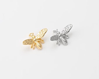 4PCS - Gold Honey Bee Charms, Tiny Bumble Bee pendants, Minimalist Nature Animal charm, Real 14K Gold & Rhodium Plated [P1156]