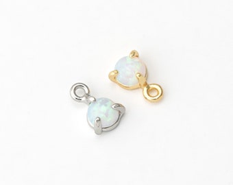 2PCS - Winziger runder weißer Opal 3mm Anhänger, Tropfen Anhänger, Opal Anhänger, zierlicher Anhänger, Echt 14K Gold & Rhodium überzogen [G0282-WH]