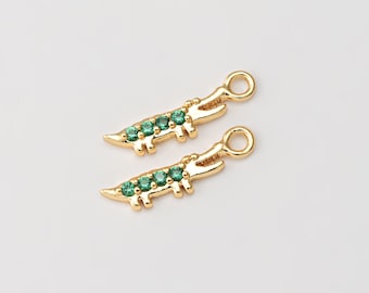 4PCS - Tiny Crocodile Charm, Small Alligator Pendant, Emerald Animal Pendant, Minimalist Jewelry, Real 14K Gold Plated [P1544-PG]