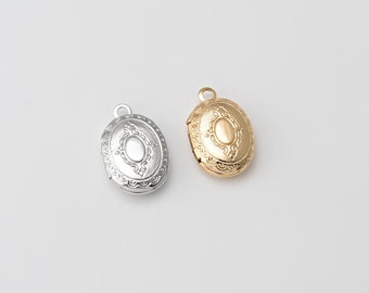 2PCS - Oval Locket Pendants, Mini Antique Style Locket Charm Necklace, 14K Gold & Rhodium Tone [P0807]