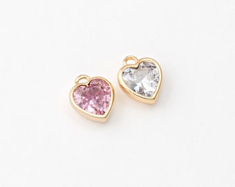 4PCS - Clear CZ Heart CZ Pendant, Pink Cubic Bezel Setting Heart Charm, Minimalist Jewelry, Real 14K Gold Plated [P1266-PG]