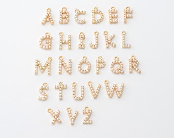 2PCS - A~Z (select 26 Letter) Alphabet Pearl Initial, Letter, Pearl Initial Charm, Brass, Letter Charm, Real 14K Gold Plated [P1412-PG]