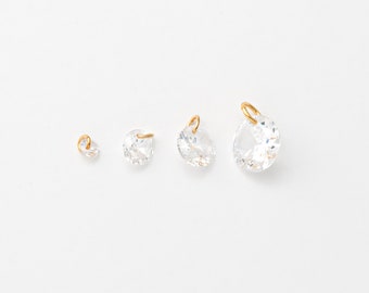 4 pcs - Breloques rondes de 3,5,6,8 mm, zircone cubique diamant simulant une taille en brillant avec anneau de saut en cristal CZ, véritable plaqué or 14 carats [P1024-PG]