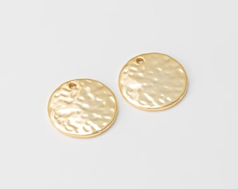 2PCS - Hammered Circle Dangle Charm, Gold Round Pendant, Layering Pendant, Dainty pendant Jewelry, Real 14K Gold Plated [P0685-PG]